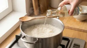 Una mano versa aceto di riso in una pentola con riso in cottura sul fornello