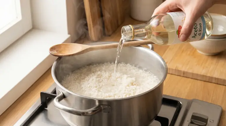 Una mano versa aceto di riso in una pentola con riso in cottura sul fornello