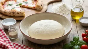 Impasto per pizza in lievitazione con ingredienti freschi su un tavolo rustico