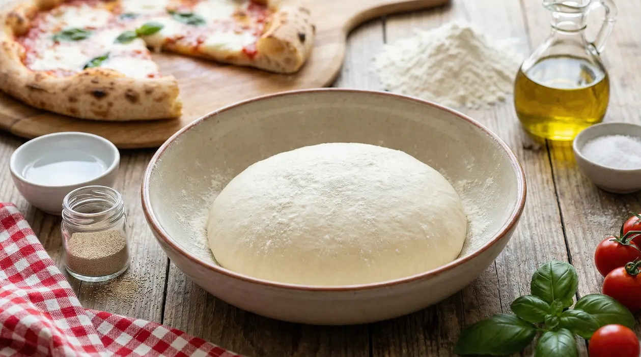 Impasto per pizza in lievitazione con ingredienti freschi su un tavolo rustico
