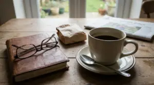 Tazza di caffè nero su un tavolo con libro, occhiali e giornale