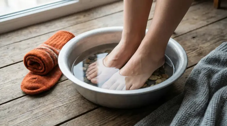 Piedi immersi in una bacinella con acqua fredda e sassi decorativi