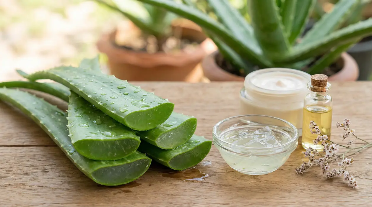 Foglie di aloe vera fresche con gel, crema e olio su tavolo di legno