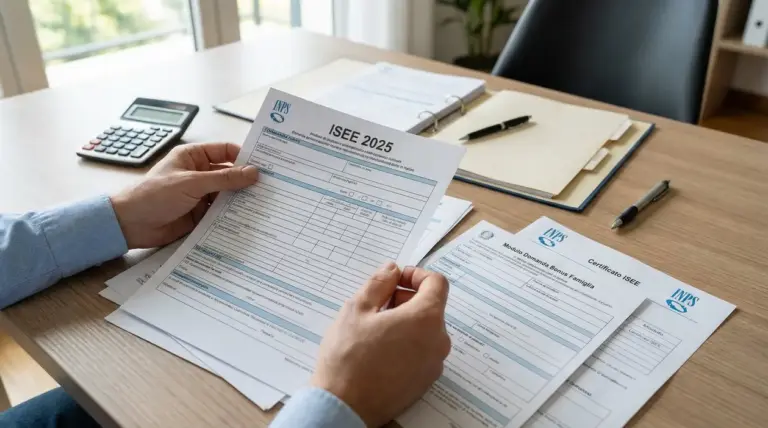 Persona che consulta moduli ISEE su una scrivania con calcolatrice e documenti