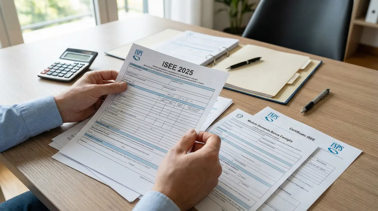 Persona che consulta moduli ISEE su una scrivania con calcolatrice e documenti