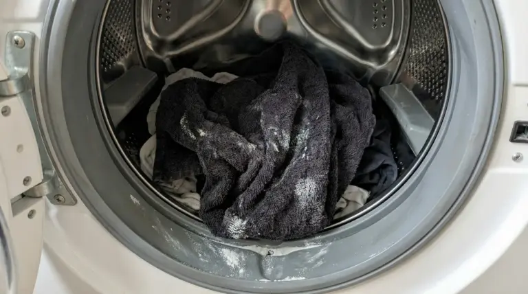 Panni bagnati e induriti con residui di detersivo all'interno di una lavatrice aperta