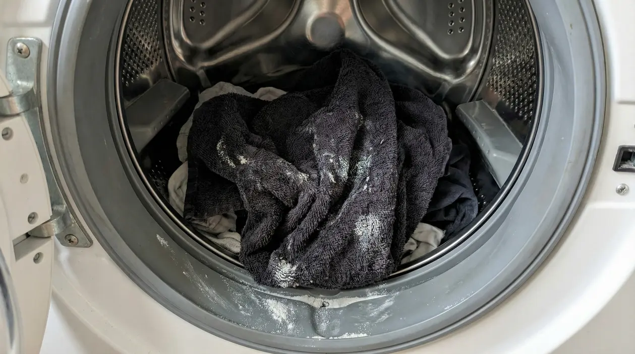 Panni bagnati e induriti con residui di detersivo all'interno di una lavatrice aperta