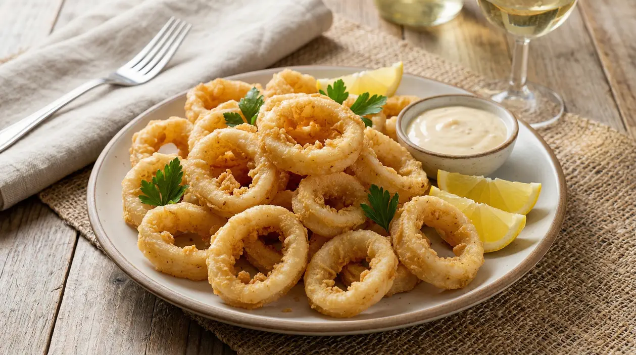 Anelli di calamari fritti croccanti serviti con limone e salsa su un piatto rustico