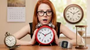 Persona con sveglia e vari orologi che rappresentano il concetto di puntualità