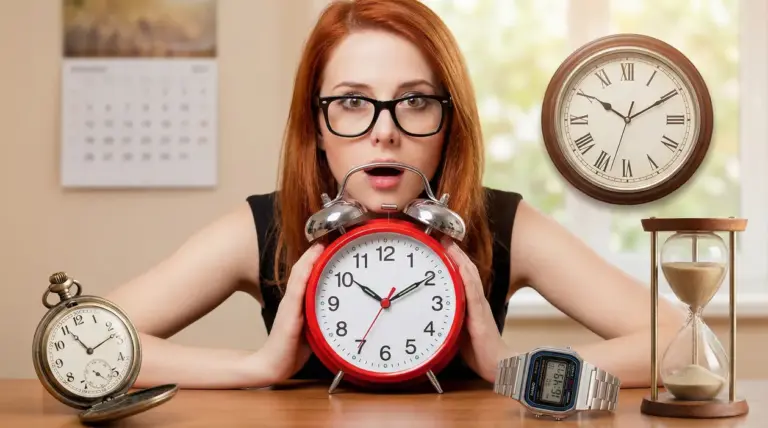 Persona con sveglia e vari orologi che rappresentano il concetto di puntualità