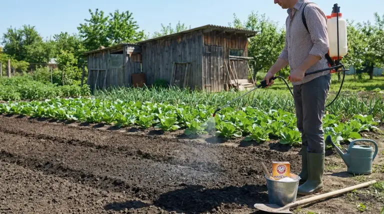Persona che disinfetta il terreno dell'orto con uno spruzzatore a spalla