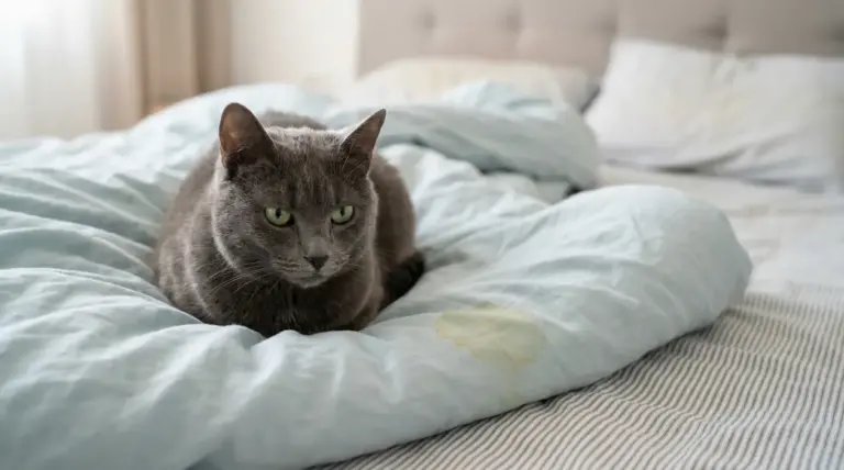 Gatto grigio seduto su un letto con una macchia visibile sulle lenzuola