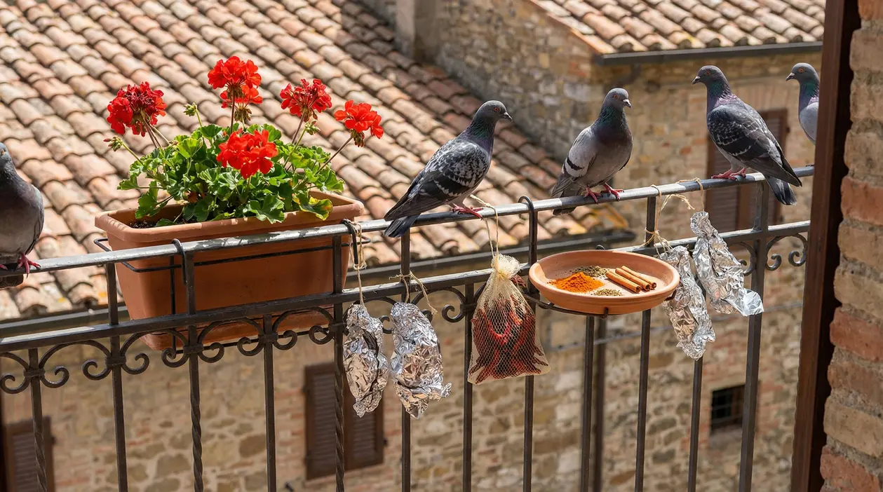 Piccioni posati su una ringhiera di balcone con spezie, fogli di alluminio e gerani rossi