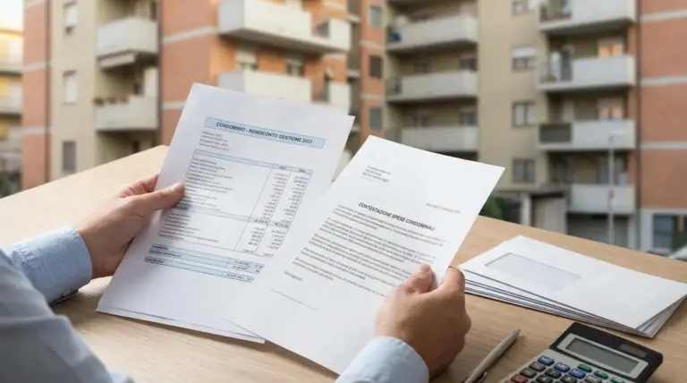 Persona che esamina documenti di spese condominiali con edifici residenziali sullo sfondo
