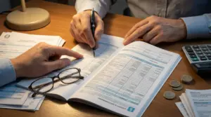 Due persone consultano moduli fiscali e documenti di successione su una scrivania