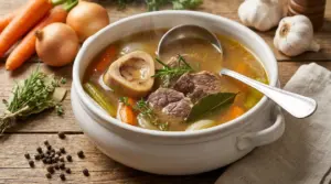 Zuppiera di brodo di carne con verdure e osso, servita su tavolo rustico