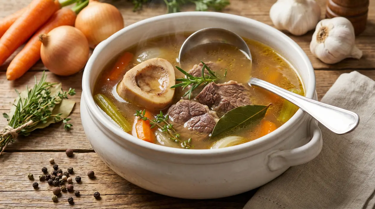 Zuppiera di brodo di carne con verdure e osso, servita su tavolo rustico