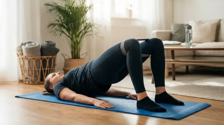 Persona che esegue esercizio ponte per glutei su tappetino a casa