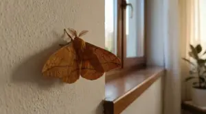 Falena marrone posata su una parete interna vicino a una finestra