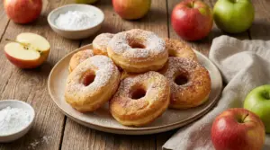 Frittelle di mele leggere al forno con zucchero a velo su un piatto di ceramica su tavolo rustico