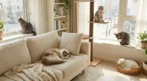 Cinque gatti rilassati in un salotto luminoso con divano, piante e tiragraffi