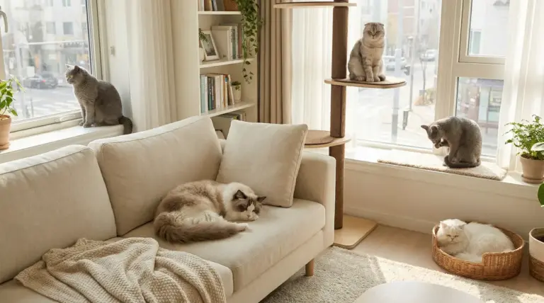 Cinque gatti rilassati in un salotto luminoso con divano, piante e tiragraffi