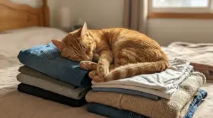 Gatto arancione che dorme su una pila di vestiti piegati su un letto