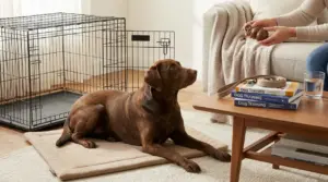 Cane marrone sdraiato su un tappetino davanti a una persona con un giocattolo da addestramento