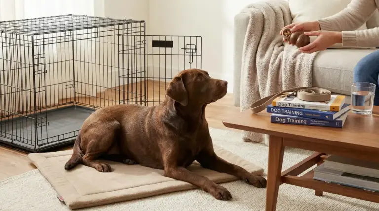 Cane marrone sdraiato su un tappetino davanti a una persona con un giocattolo da addestramento