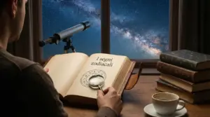 Persona che consulta un libro antico sui segni zodiacali accanto a un telescopio e una tazza di caffè