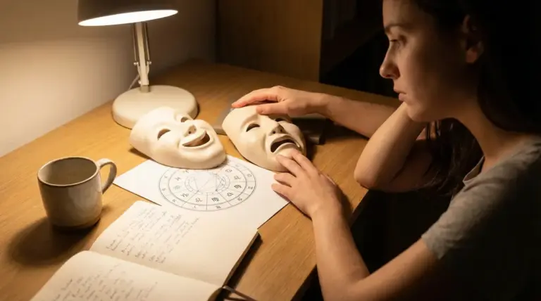 Persona seduta a una scrivania osserva due maschere e una ruota zodiacale