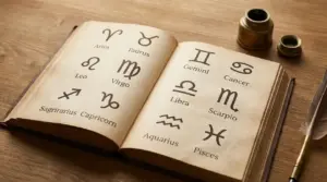 Libro aperto con simboli e nomi dei dodici segni zodiacali su un tavolo di legno