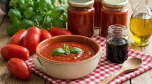 Ciotola di sugo di pomodoro con basilico fresco, pomodori, vasetti e olio su tavolo rustico