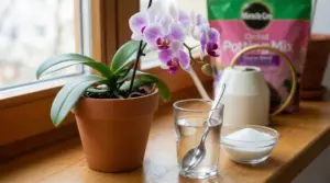 Orchidea in vaso vicino a un bicchiere d'acqua con un cucchiaio e una ciotola di zucchero