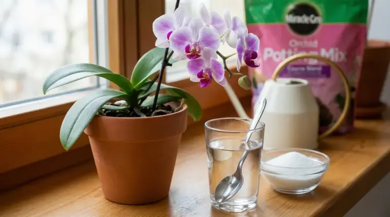Orchidea in vaso vicino a un bicchiere d'acqua con un cucchiaio e una ciotola di zucchero