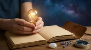 Mani che tengono una lampadina sopra un libro aperto con lavanda, pietra e bussola su un tavolo