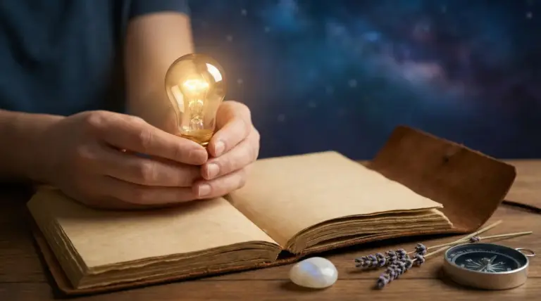 Mani che tengono una lampadina sopra un libro aperto con lavanda, pietra e bussola su un tavolo