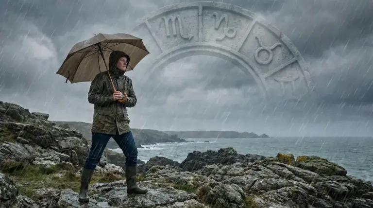 Persona con ombrello sotto la pioggia su una scogliera, con simboli zodiacali in cielo