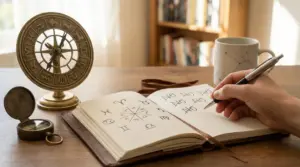 Una mano scrive simboli zodiacali in un quaderno accanto a una ruota astrologica