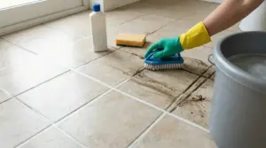 Pulizia delle fughe nere di un pavimento con spazzola e guanti di gomma