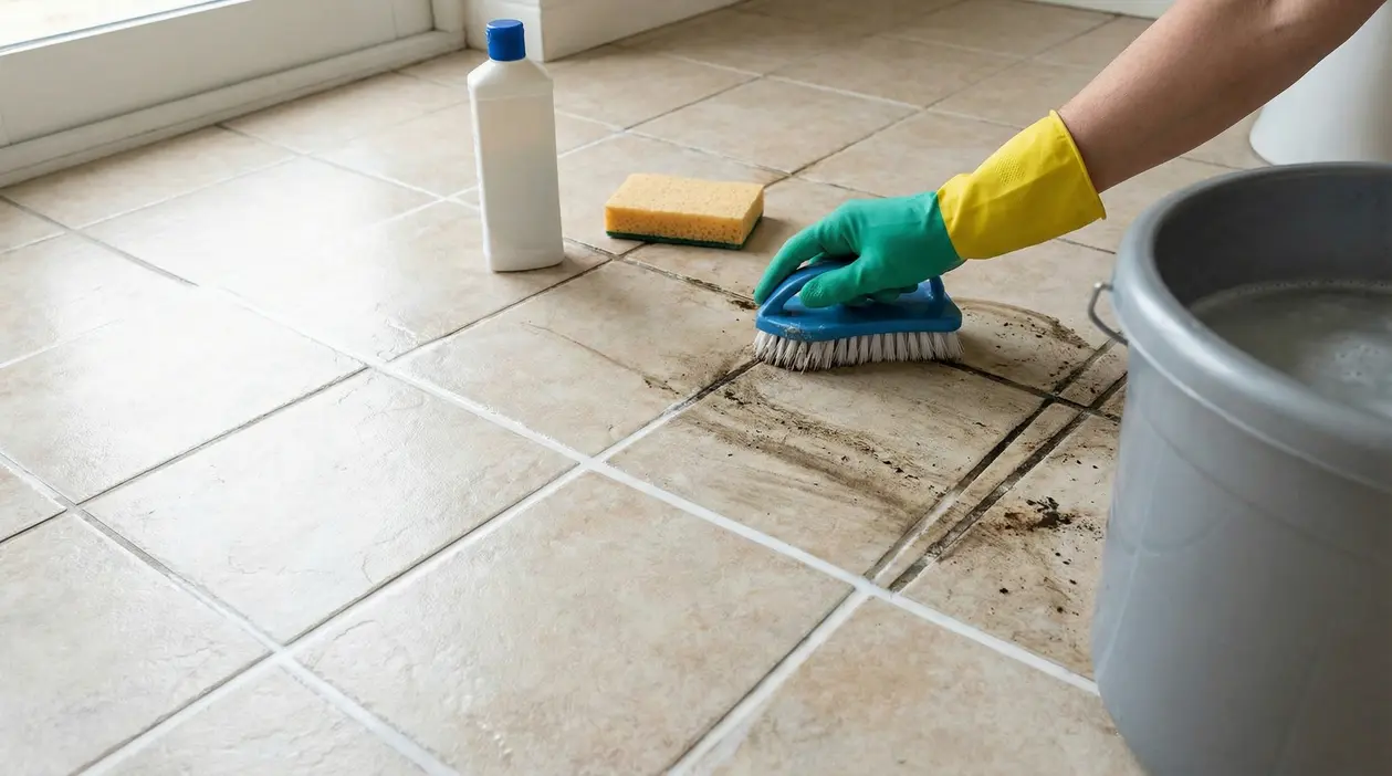 Pulizia delle fughe nere di un pavimento con spazzola e guanti di gomma