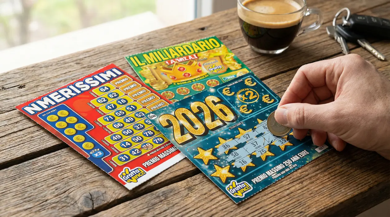 Mano che gratta un biglietto Gratta e Vinci 2026 su un tavolo di legno