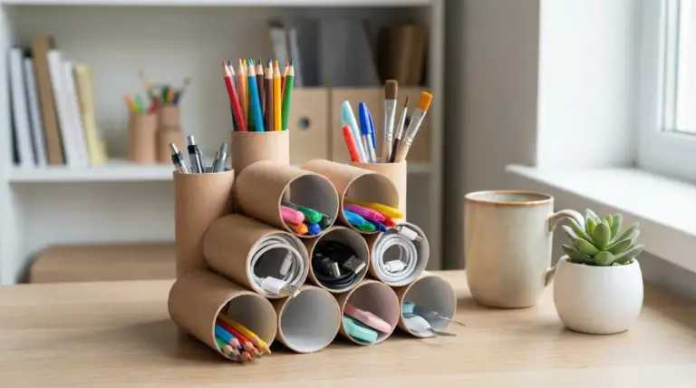 Rotoli di carta igienica riutilizzati come organizer per penne, cavi e piccoli oggetti da scrivania