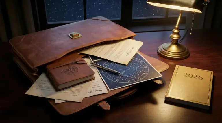 Scrivania con documenti astrologici, agenda e libro con l'anno 2026