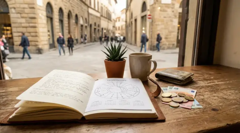 Tavolo con agenda astrologica, tazza, portafoglio e soldi vicino a una finestra con vista su una strada cittadina