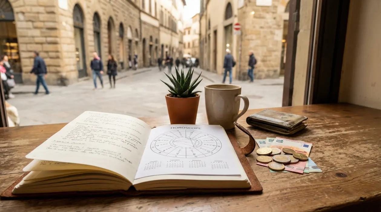 Tavolo con agenda astrologica, tazza, portafoglio e soldi vicino a una finestra con vista su una strada cittadina