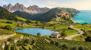 Paesaggio collinare italiano con vigneti, lago, montagne e costa sullo sfondo