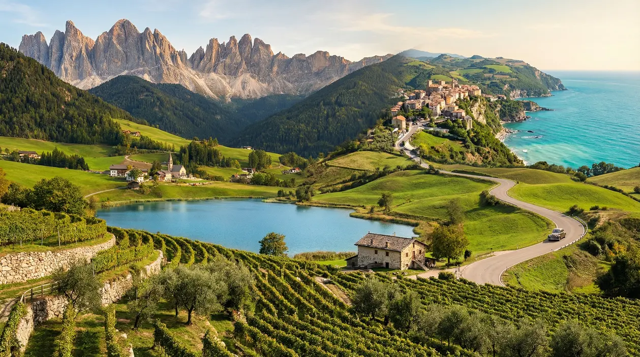 Paesaggio collinare italiano con vigneti, lago, montagne e costa sullo sfondo
