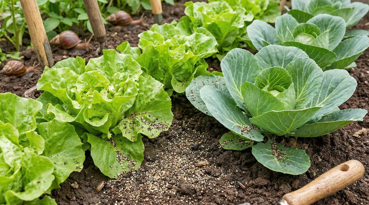 Orto con lattuga e cavoli cosparsi di pepe nero per allontanare lumache e insetti