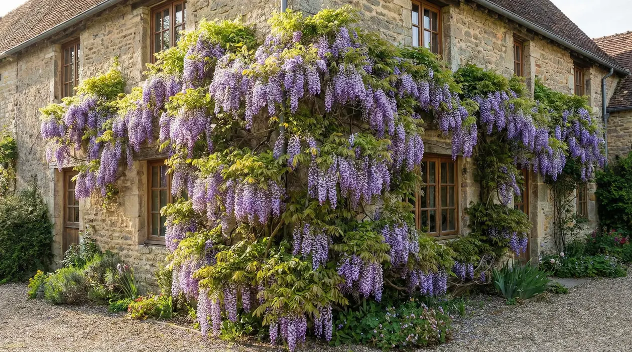 Glicine in fiore rampicante su una casa in pietra, con fiori viola rigogliosi.